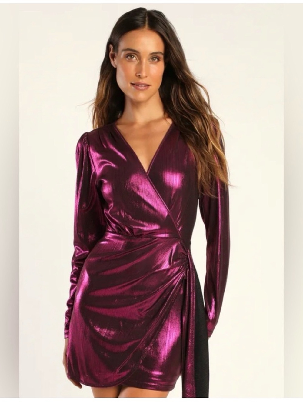 Lulu's Shimmer Wrap Mini Dress in Fuchsia